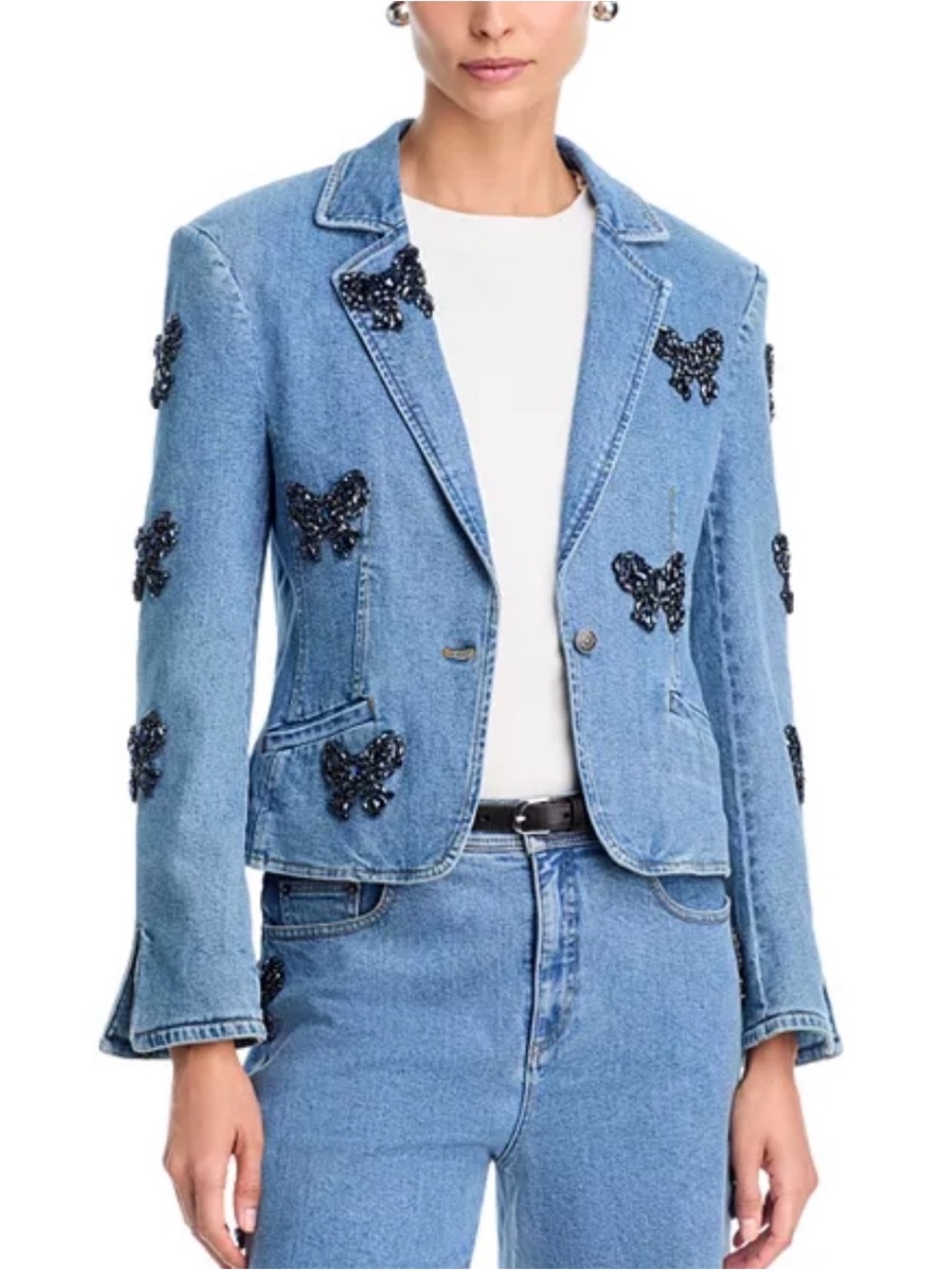Cinq a Sept Khloe Denim Rhinestone Bow Blazer, size 10